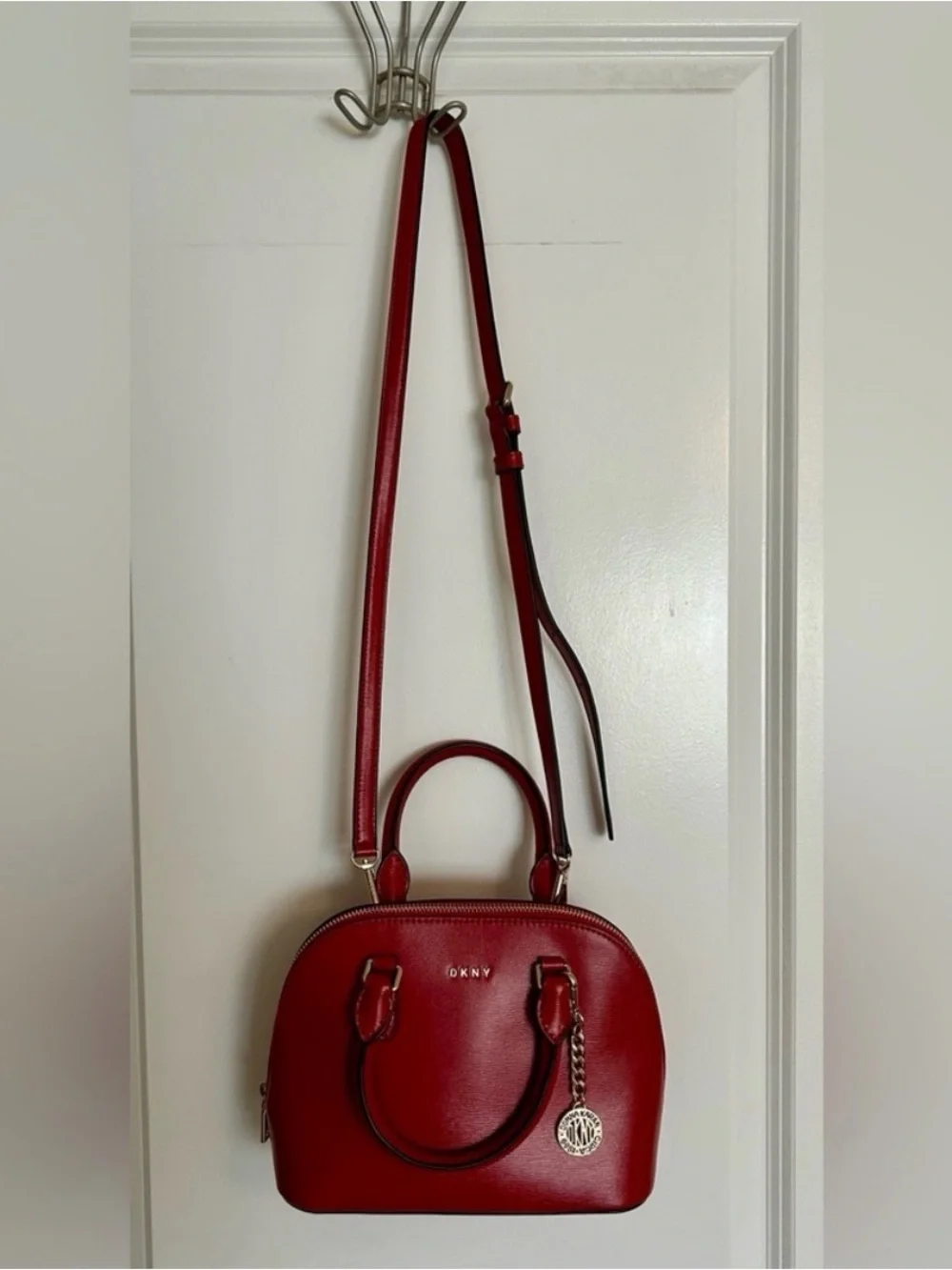 DKNY Red Saffiano Dome Satchel with Chain Charm